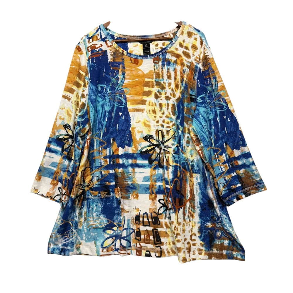 Ali Miles Tunic Top Womens 2X Abstract Floral 3/4 Sleeve Art To Wear Lagenlook